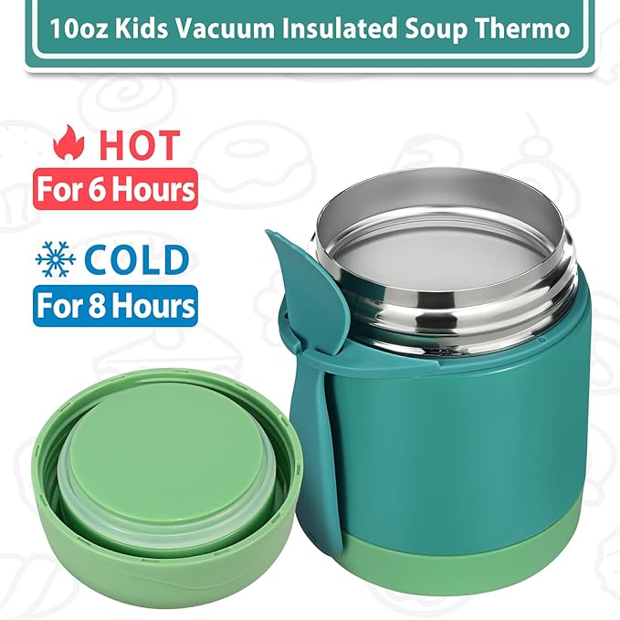 Insulated Kids Lunch Jar - 10oz, Leak Proof Stainless Steel, Wide Mouth, Green