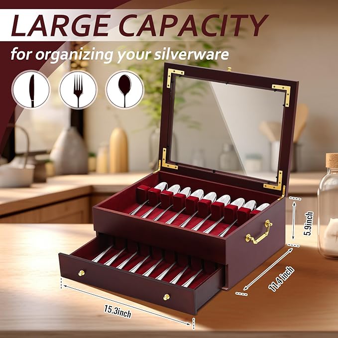 Novabright Wooden Silverware Storage Box with Lid, Christmas Flatware Organizer with Handle Felt Lined,15.3 x 11.4 Large Elegant Silverware Chest Case for Flatware Utensils Home Decor Gift(2 Layer)