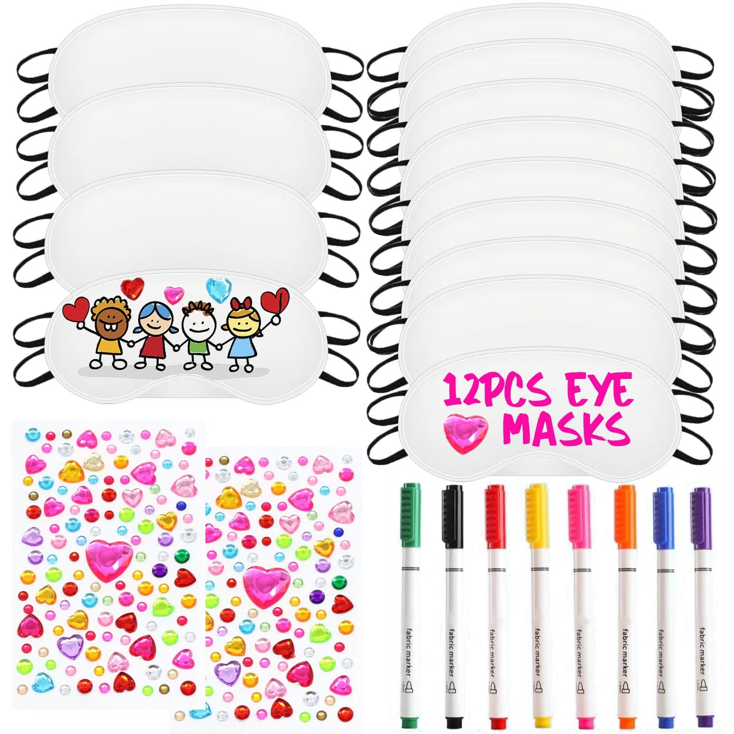 22 PCS Sleepover Party Supplies, 12 PCS Sleep Eye Masks White Blindfold Slumber Eye Covering with 2 Sheets Self-Adhesive Heart Rhinestones Gems&8 PCS Fabric Marker Pens