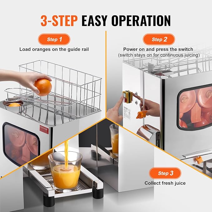 VEVOR Commercial Orange Juicer Machine, 120W Automatic Juice Extractor, Stainless Steel Orange Squeezer 20 Oranges/Minute, with Pull-Out Filter Box, Stainless Steel Cover, 2 Peel Collecting Buckets