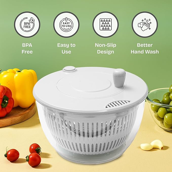Salad Spinner – Large Capacity Lettuce Spinner Bowl with Locking Lid, Non‑Slip Base & Vegetable/Fruit Washer Dryer, BPA‑Free, Dishwasher Safe (White)