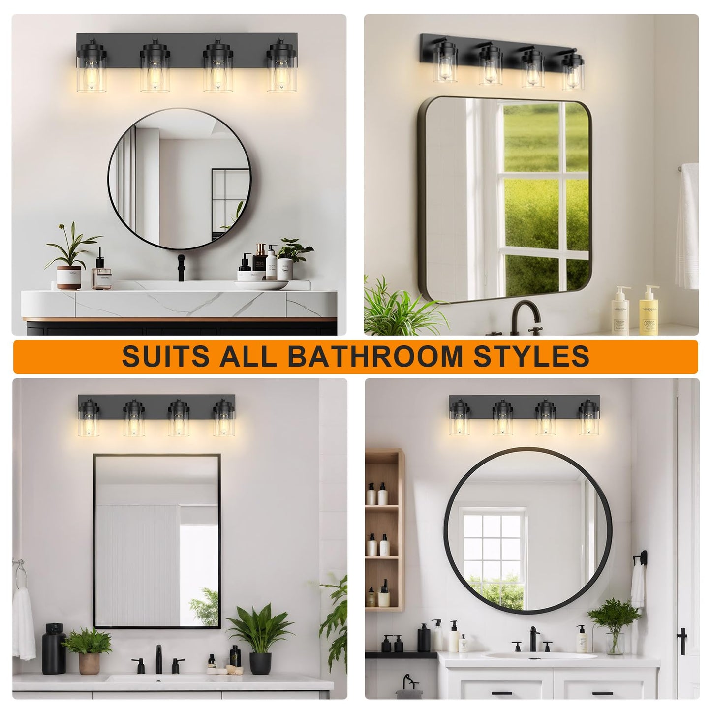 Izorro Bathroom Vanity Light Fixture  4-Light 27.5 Inch Matte Black Bathroom Light Fixtures Over Mirror  With Clear Glass Shade  Modern Farmhouse Vanity Lights  Rustic Restroom Lighting Fixtures