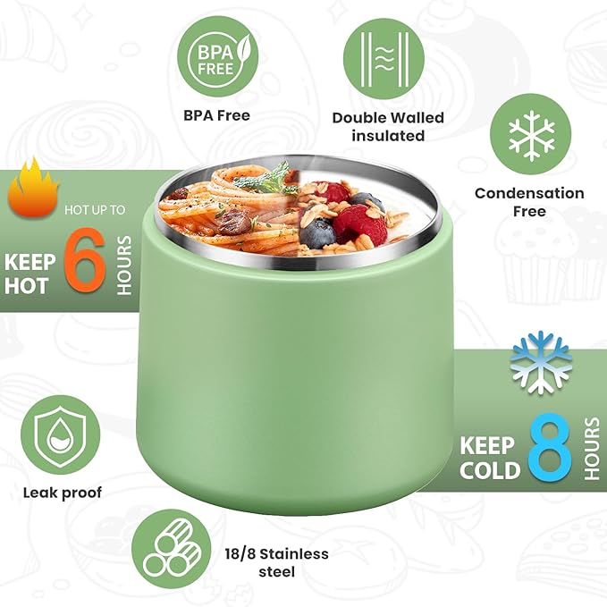 Soup Thermo for Hot Food 20oz Lunch Containers with Buckle Lid Wide Mouth Hot Food Jar Vacuum Insulated Stainless Steel Bento Box Leakproof with Spoon(Green)