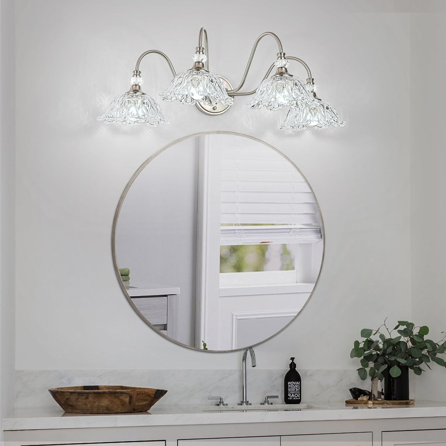Brushed Nickel Bathroom Vanity Light  4-Light Vanity Light With Floral Clear Glass Shades  Brushed Nickel Wall Mount Lighting For Bathroom  Dressing Table