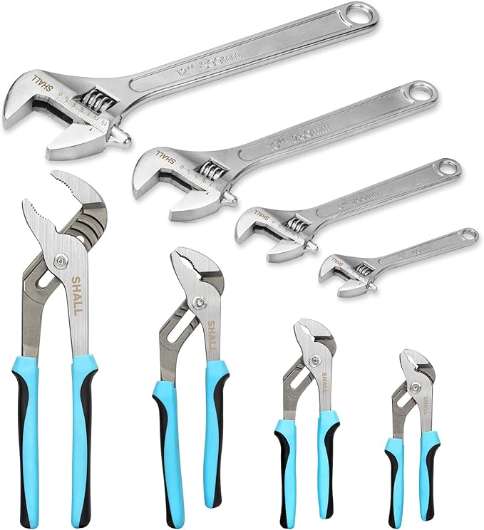 SHALL 8-Piece Adjustable Wrench & Water Pump Pliers Set, 12/10/8/6 Inch, 4Pcs Adjustable Tongue and Groove Joint Pliers an...