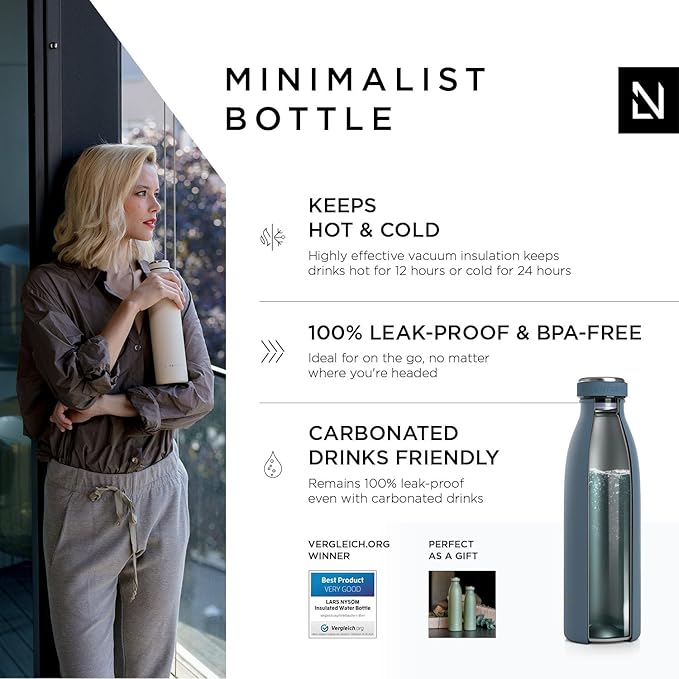 LARS NYSØM Stainless Steel Insulated Water Bottle 12oz 17oz 25oz 34oz 51oz | BPA-free Insulated Thermo Flask for Hot and Cold Beverages | Leakproof Drinking Bottle (Blue Stone, 17oz)