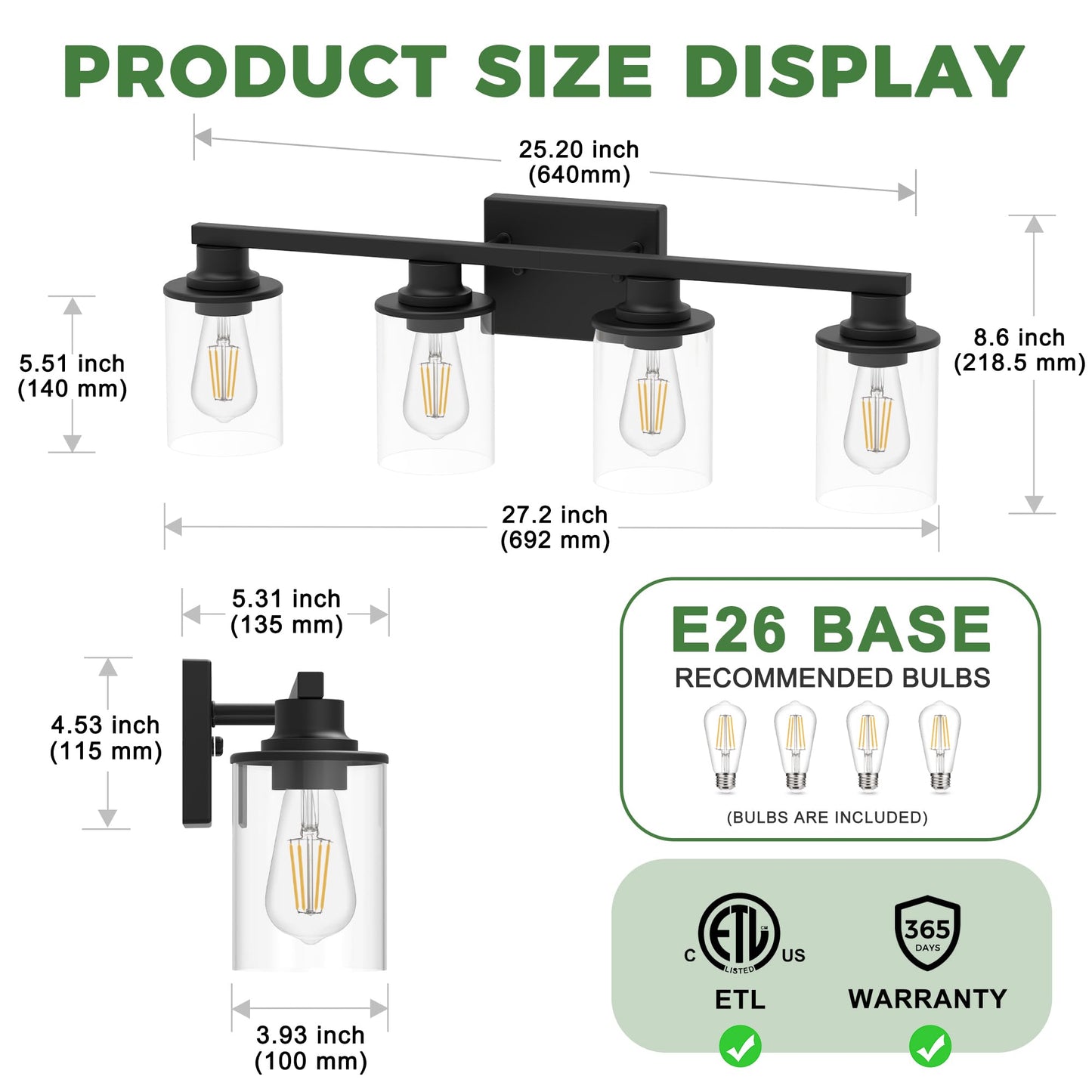 Doresshop Bathroom Light Fixtures  4-Light Black Bathroom Lighting Fixtures Over Mirror With Glass Shade  Modern Vanity Lights For Hallway Bedroom  Includes Bulbs