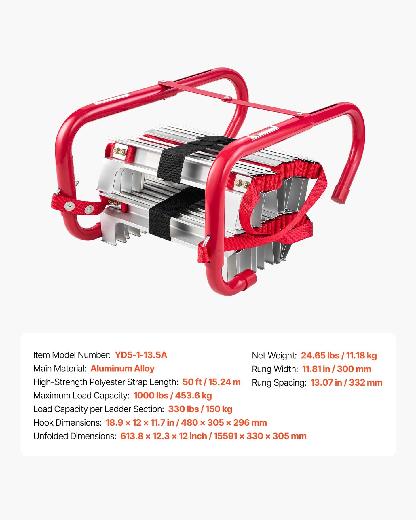 VEVOR Fire Escape Ladder, 5-6 Story 50FT Retractable Emergency Fire Ladder, Lightweight Aluminum Alloy Safety Escape Ladders with Sturdy Polyester Strap, Anti-Slip & Wide Rungs, 1000LBS Max Loading