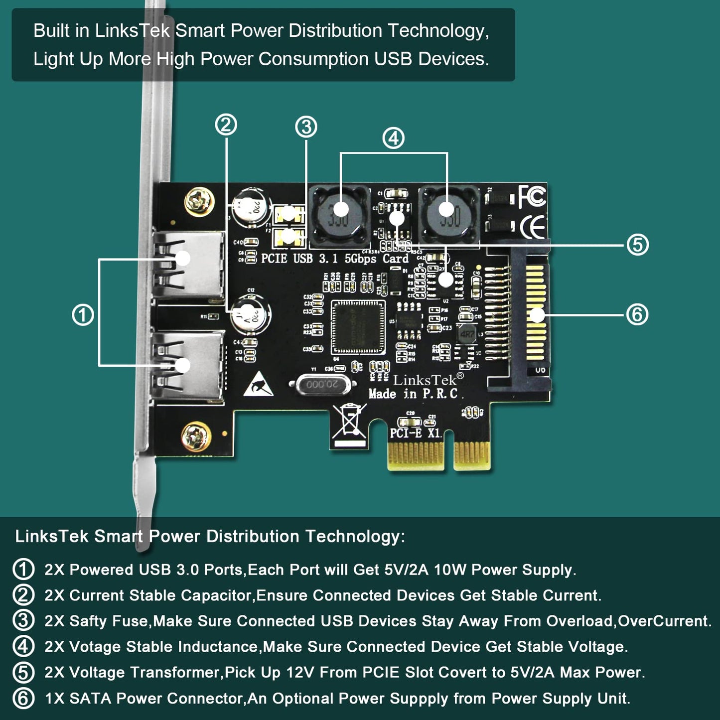 Linkstek 2-Ports Pcie Usb 3.0 (Usb 3.1 Gen1) 5Gbps Expansion Card For Desktop Pcs, 2X 5Gbps Usb-A Ports, Built In Smart Power Di