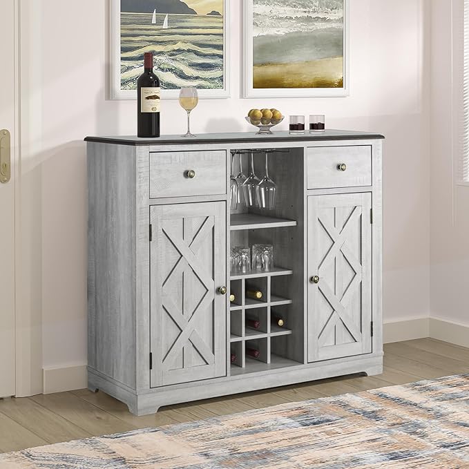 Rustic Wine Cabinet with Wine Rack and Lattice, Sideboard Buffet Cabinet with Drawers, Multifunctional Storage Cabinet for Kitchen, Dining Room, 47 Inch (Off-White)