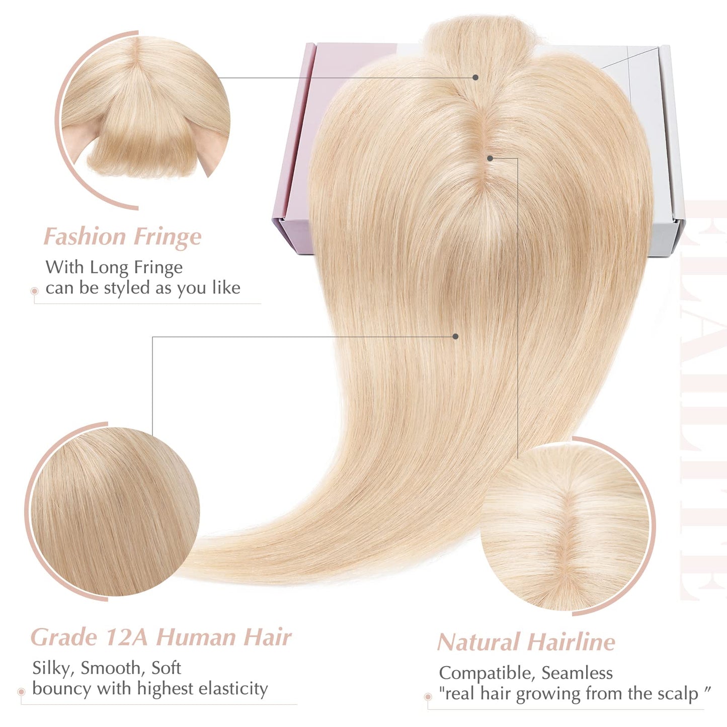 Elailite Hair Toppers for Women Real Human Hair Topper with Bangs Thinning Thin 5.1x2.8 Silk Base Clip in Remy Hairpieces 18 Inc