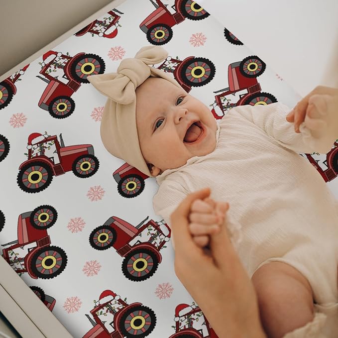 Red Tractors Snowflakes Baby Changing Pad Covers for Boy Girl Christmas Farm Tractor Harvest Fitted Change Table Cover Mats Farmhouse Trucks Vehicle Soft Diaper Changing Table Sheets 32''×16''