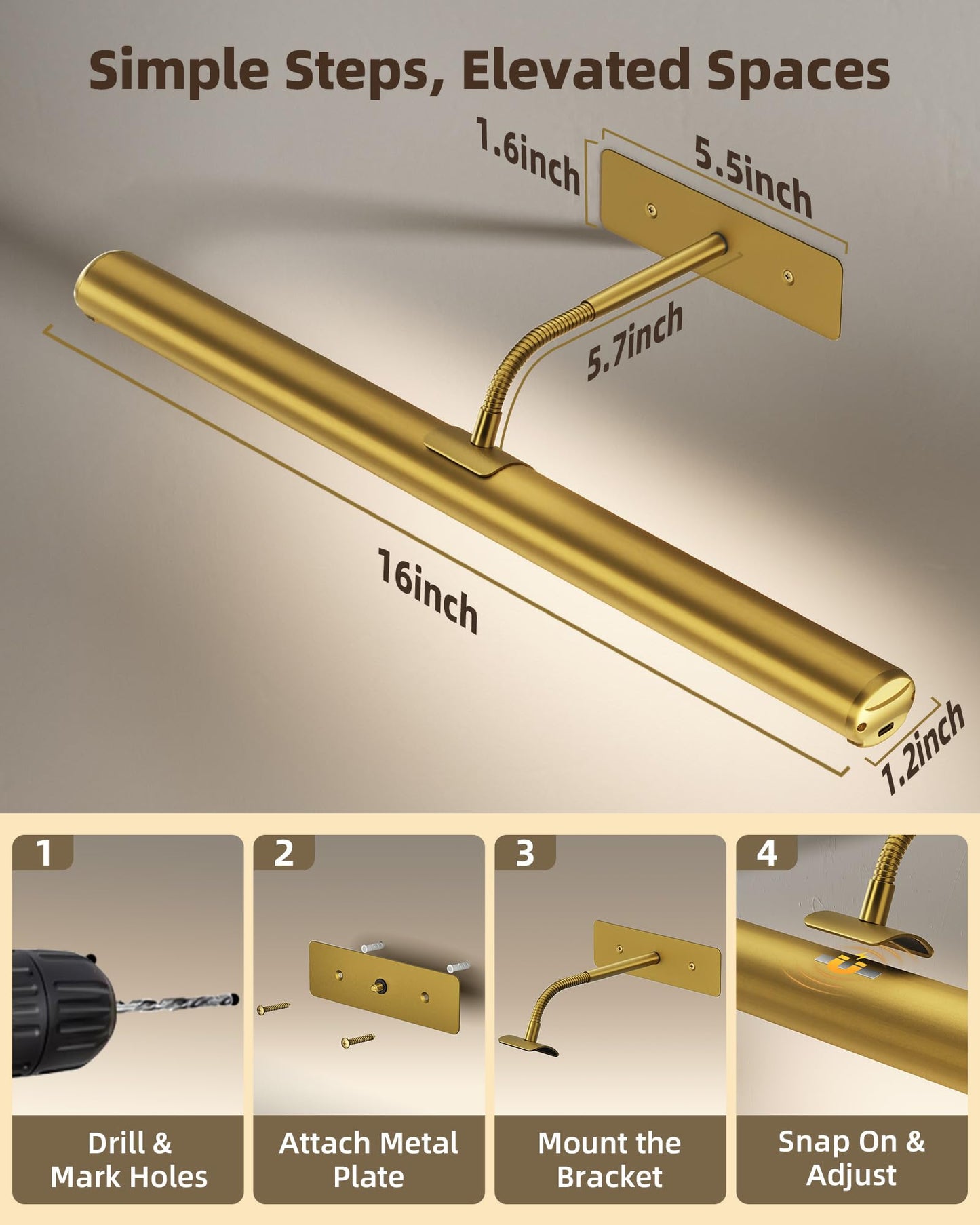 EZVALO Picture Lights for Wall, 6000mAh Rechargeable Battery 16″ Painting Light with Remote, 3 Color Temps Wireless Art Light for Gallery, Living Room, Hallway (Gold)