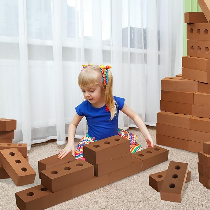 Deekin 20 Pcs Foam Brick Building Blocks for Kids Thick Blocks Foam Large Fake Brick Construction Toy for Stacking Construction, 8 x 4 x 2.4 in (Circle Holes)