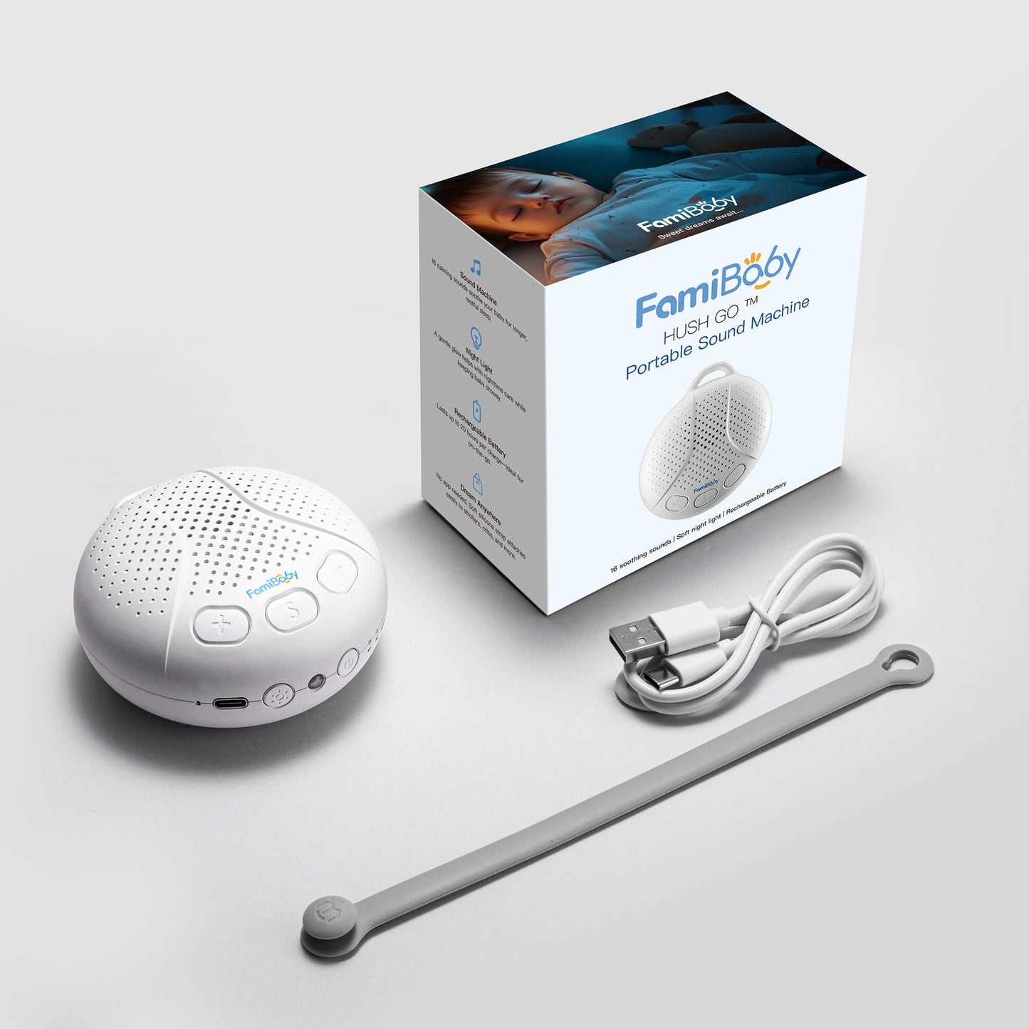FamiBaby Portable Sound Machine for Baby - White Noise Machine with Night Light for Nursery | 16 Soothing Sounds | Shush | Travel | Registry Gift | Sleep Soother | Baby Shower