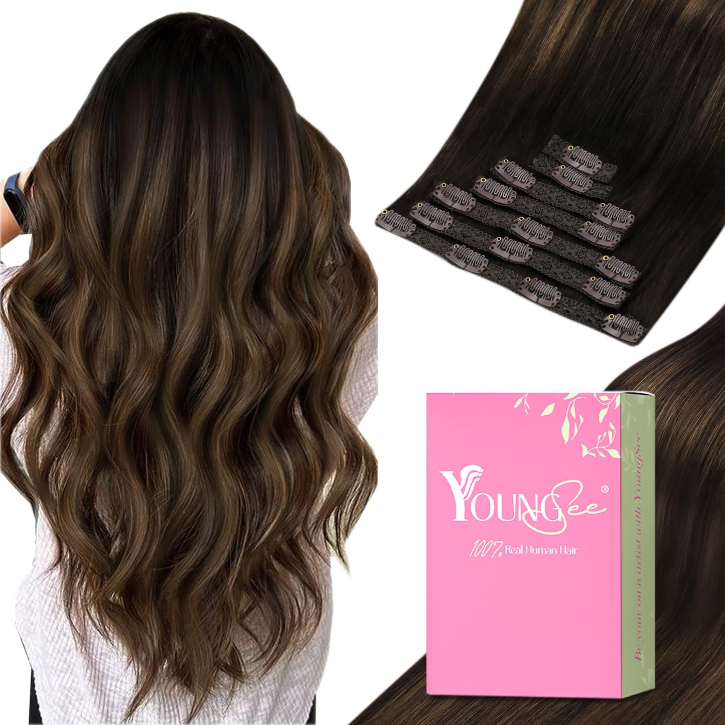YoungSee Clip in Hair Extensions Human Hair Blayage Clip in Hair Extensions Real Human Hair Dark Brown Mix Medium Brown Highligh