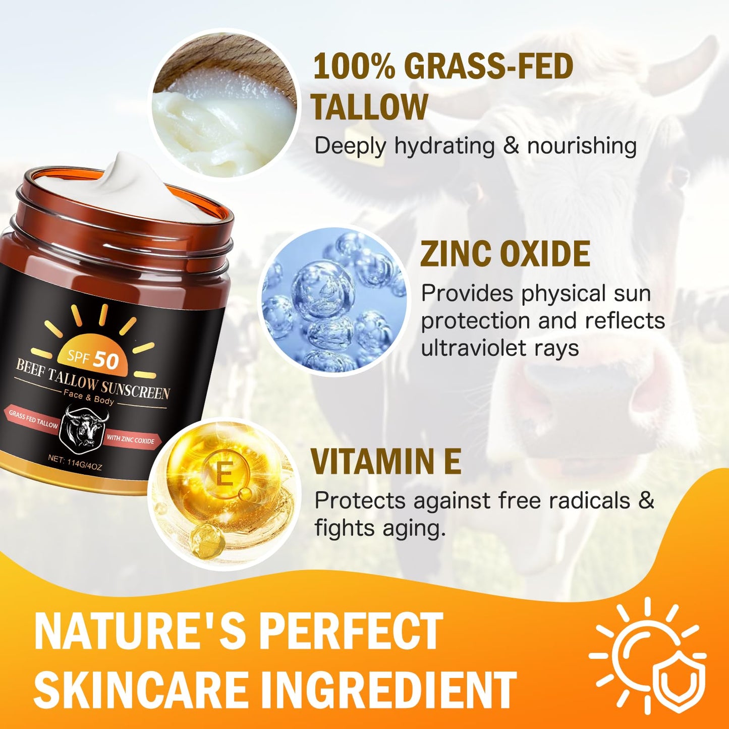 Beef Tallow Sunscreen with Zinc Oxide, Non Toxic Sunscreen SPF 50, Safe, Clean Non-Greasy Formula for Face and Body, Sun Balm fo