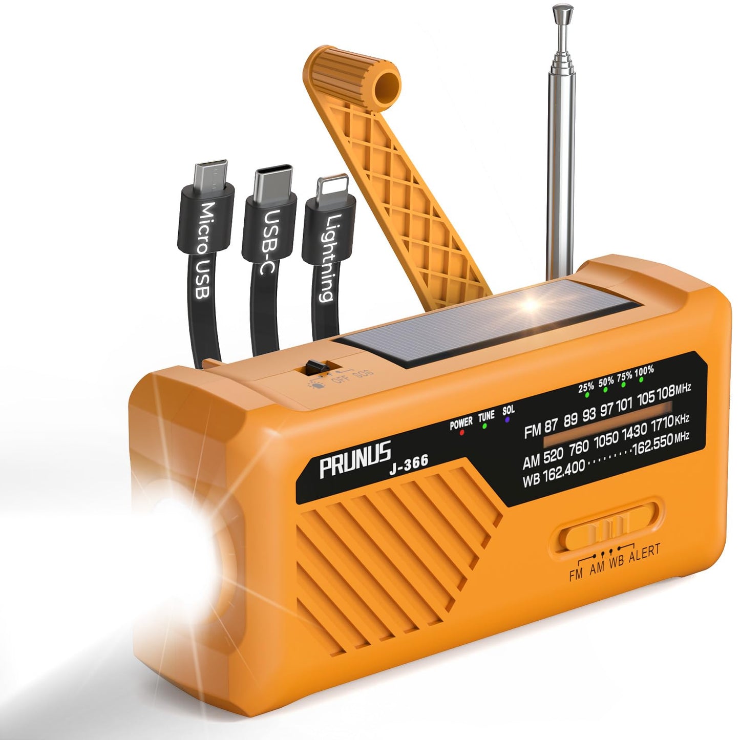 PRUNUS J-366 Hand Crank Emergency Radio, NOAA Weather Alert, Mini, 2000mAh Orange, Solar/USB-C, AM/FM, SOS Alarm, Flashlight