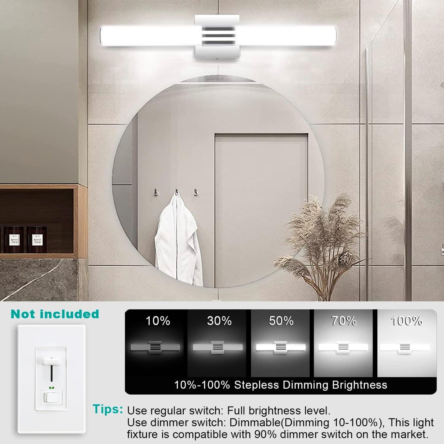 Trlife Dimmable Bathroom Vanity Light Fixture, 12W Led, 24 Stainless Steel, 3 Color Temperature, Model Vanity-3Co-60L