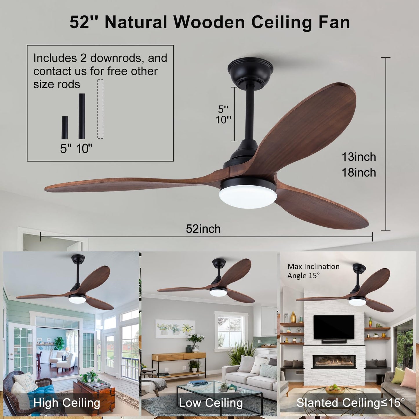 BOJUE 52 Inch Ceiling Fan with Light, Dimmable LED, Walnut Wood cutting edges, Indoor Outdoor Use