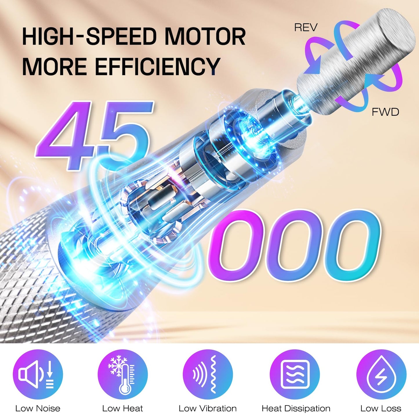 Electric Nail Drill File Machine: Professional 45000RPM Cordless Nail Tool with Stepless Speed Knob for Acrylic Gel Dip Powder N