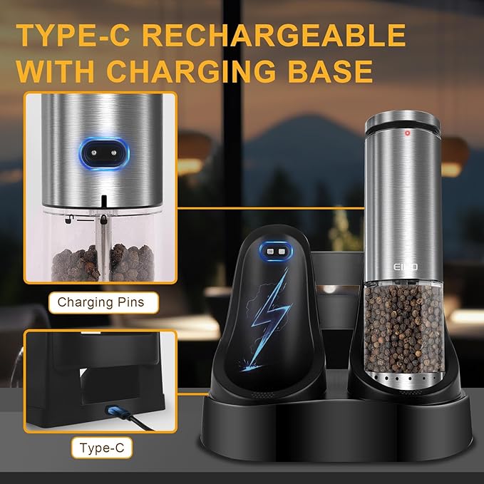 Electric Salt and Pepper Grinder Set Rechargeable, External Adjustable Coarseness, Automatic Salt & Pepper Shakers Mills, Kitchen Gadgets,Stocking Stuffers Christmas Cooking Gifts for Adults Men Women