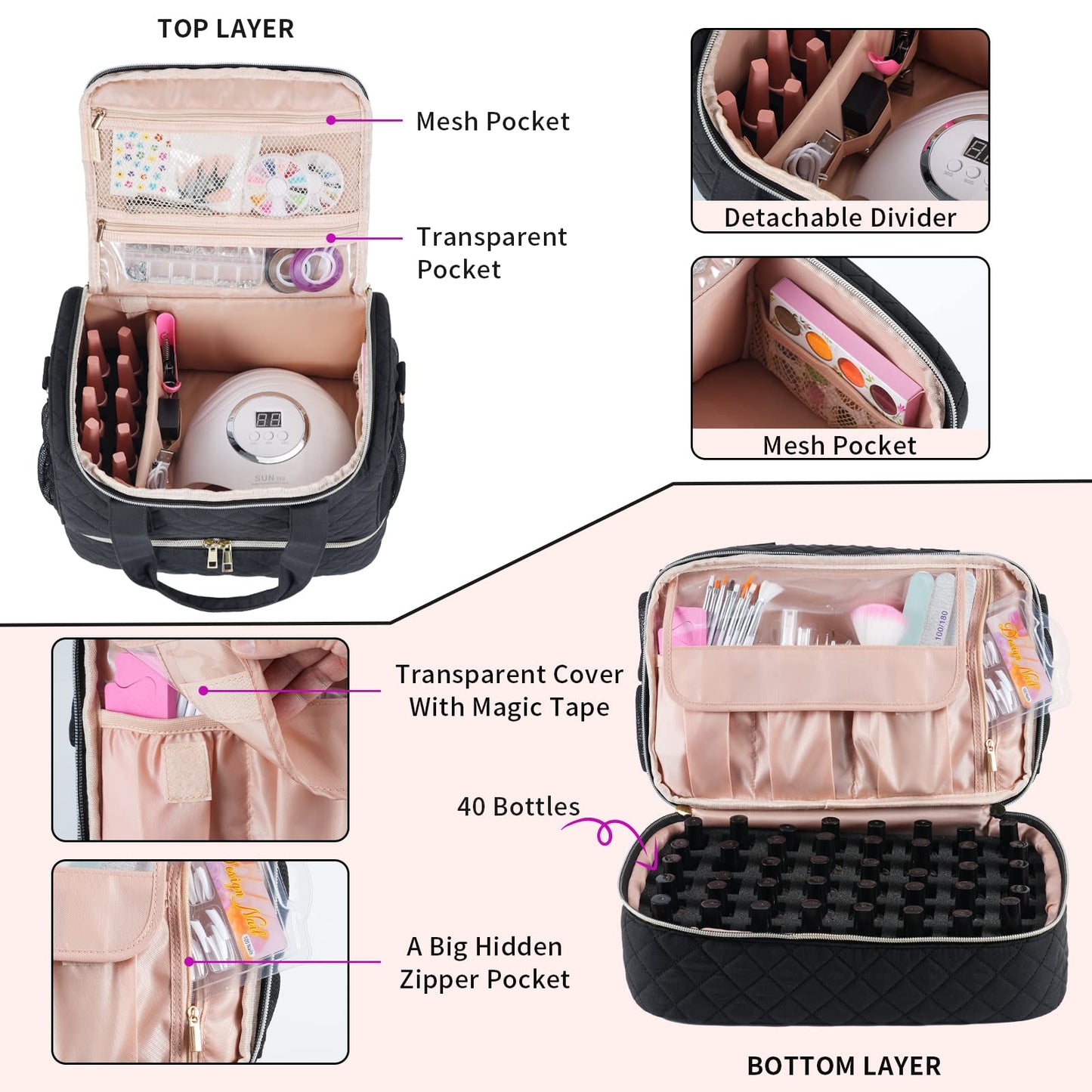 VOFIpremiAm Nail Polish Organizer Bag Fits 1 Nail Lamp and 40 Bottles,Pretty Nail Organizer with Side Pockets for Nail Polish Re