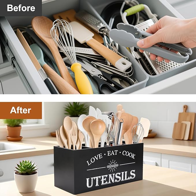 2 Pack Utensil Holder, 6.7"+6.18" Wooden Utensil Holder for Kitchen Countertop, Large Wood Utensil Organizer with Partition for Silverware and Cooking Storage, Farmhouse Kitchen Decor
