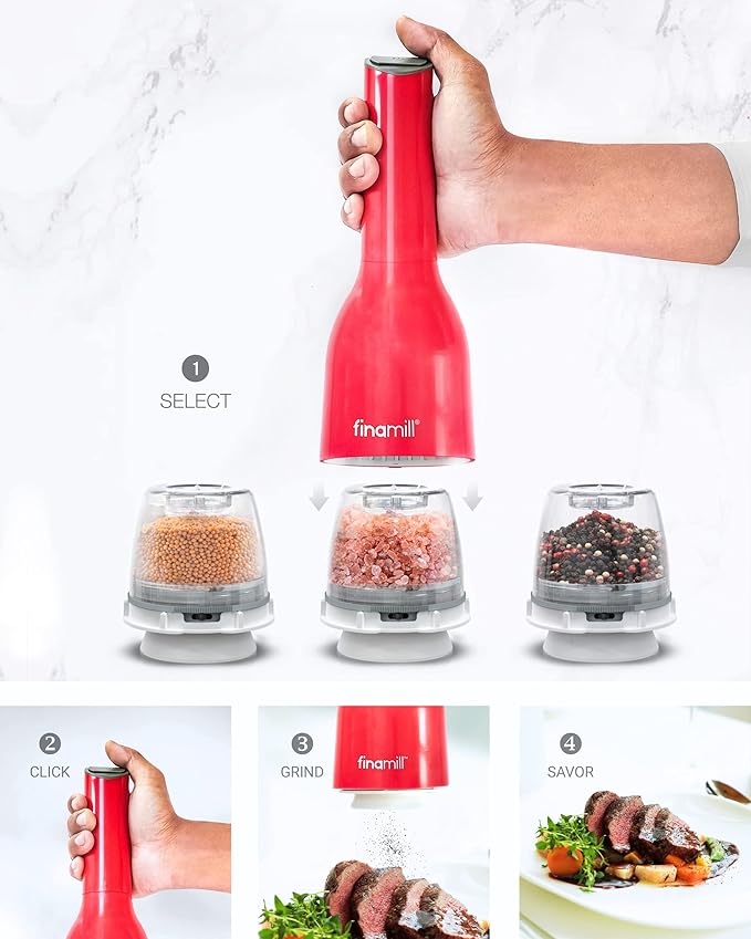 FinaMill’s Award-Winning Battery Operated Salt and Pepper Grinder Set – Adjustable Coarseness, Ceramic Grinding Elements, LED Light, 2 Quick-Change Pods – Perfect for Home Cooking and Gifting