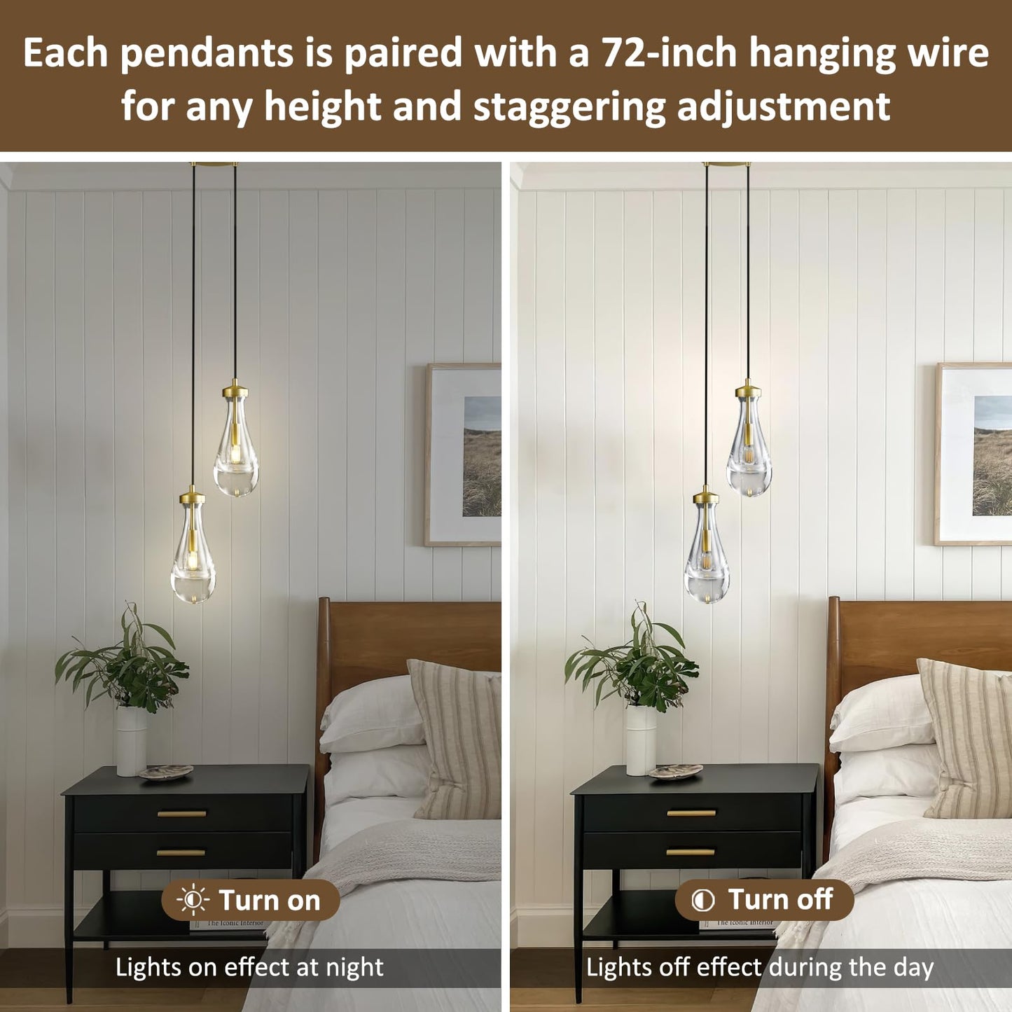 Joyunleo Brass Raindrop Pendant Lights Kitchen Island 2-Light  Cluster Gold Pendant Light Fixture For Bedroom  Dimmable Dining Room Light Fixture Hanging Pendant Lighting Ceiling Chandelier For Foyer