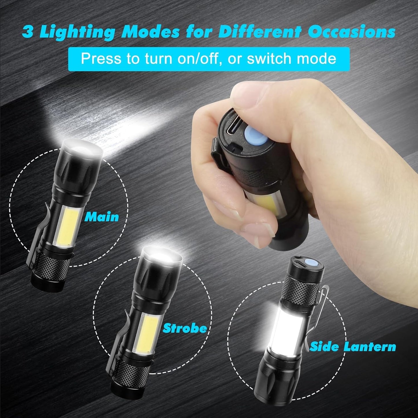 KunHe Mini LED Flashlights 6 Pack, USB Rechargeable, High Lumens, Anodized Aluminum, Black, Model 8593c