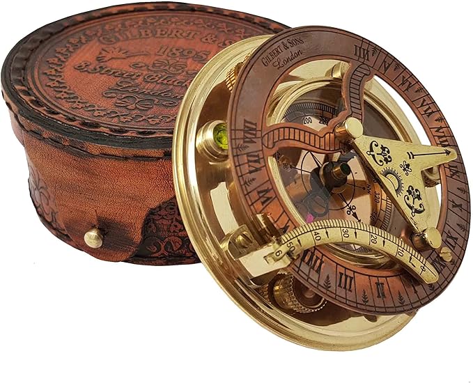 Brass Nautical - Antique Brass & Copper Sundial Compass, Sundial Clock in Box Gift Sun Clock Ship Replica Watch