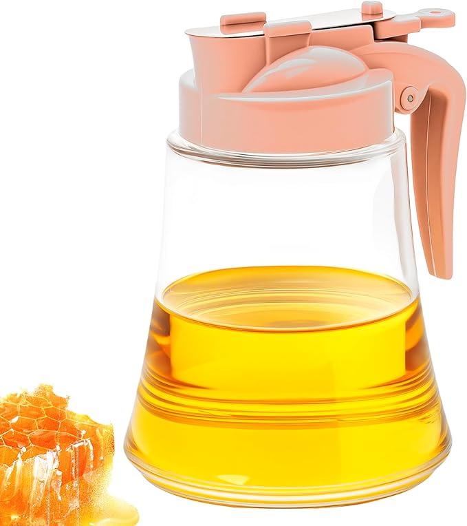 12 Oz Syrup Dispenser, No-Drip Pourers for Maple Syrup, Oil Dispenser Bottle with Non-Slip Handle, Honey Jar & Sirop Container, Reusable Syrup Bottle for Kitchen (Pink)