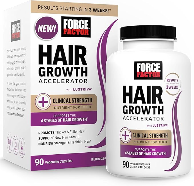 FORCE FACTOR Hair Growth Accelerator Capsules, Lustriva & Biotin to Promote Thicker, Stronger, Fuller Hair, Women Hair Growth Vitamins, Clinically Studied, Supports All 4 Stages of Growth, 90ct