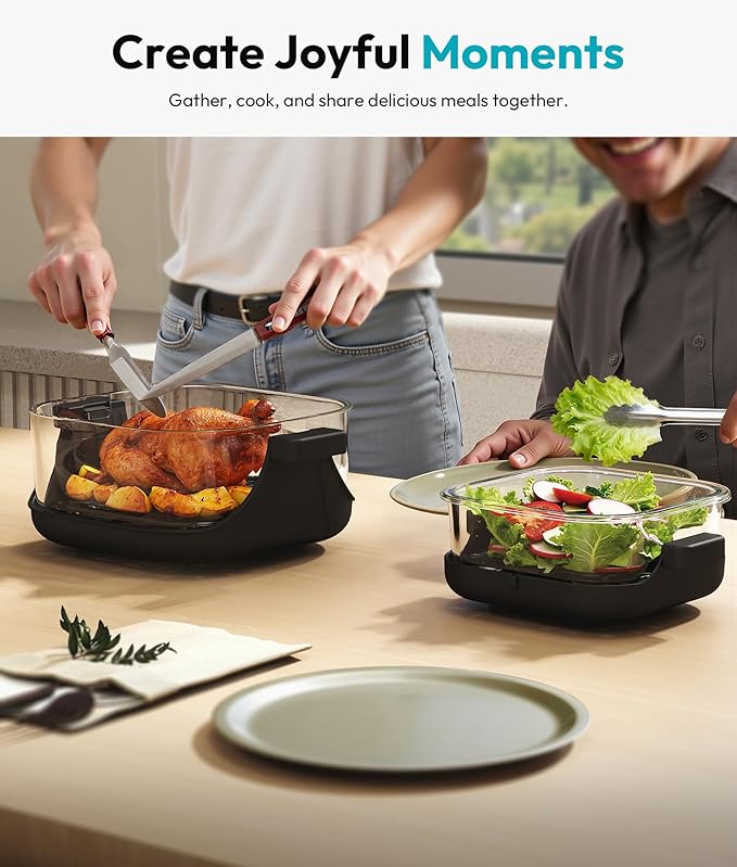 4-in-1 Portable Glass Air Fryer - 1500W, 4.2QT & 6 Cup Dual Containers, 140°F–400°F Temp Range, Microwave, Freezer & Dishwasher Safe, Grey