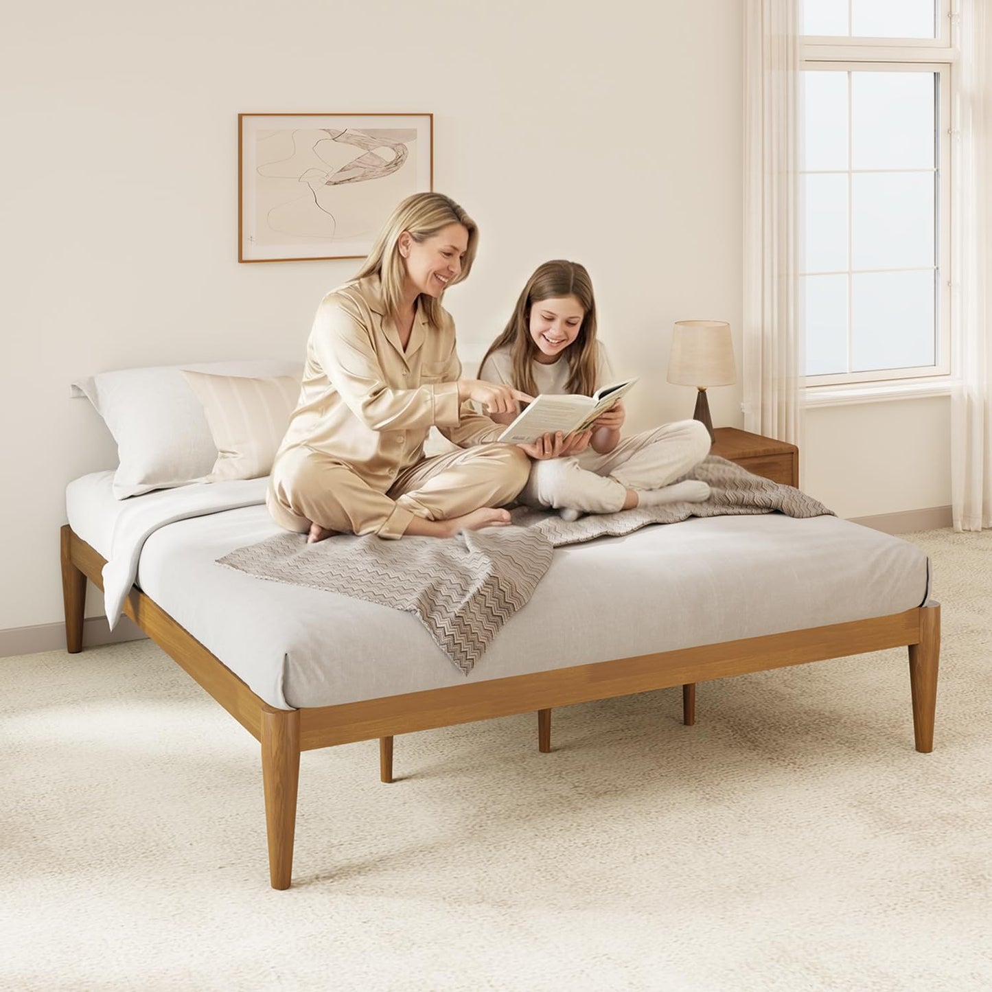 IOTXY California-King Platform Bed Frame - Solid Wood 16-Inch Height Mattress Foundation Base with Densely Slats and Heavy-Duty Support Legs, No Box Spring Needed, Teak