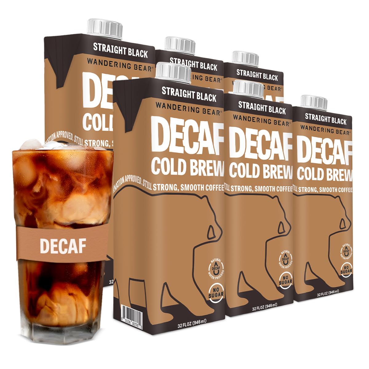 Wandering Bear DECAF Cold Brew Coffee  32 fl oz  6 pack - Smooth  Bold  Unsweetened  Shelf-Stable  and Ready to Drink Iced Coffee  Cold Brewed Coffee  Cold Coffee