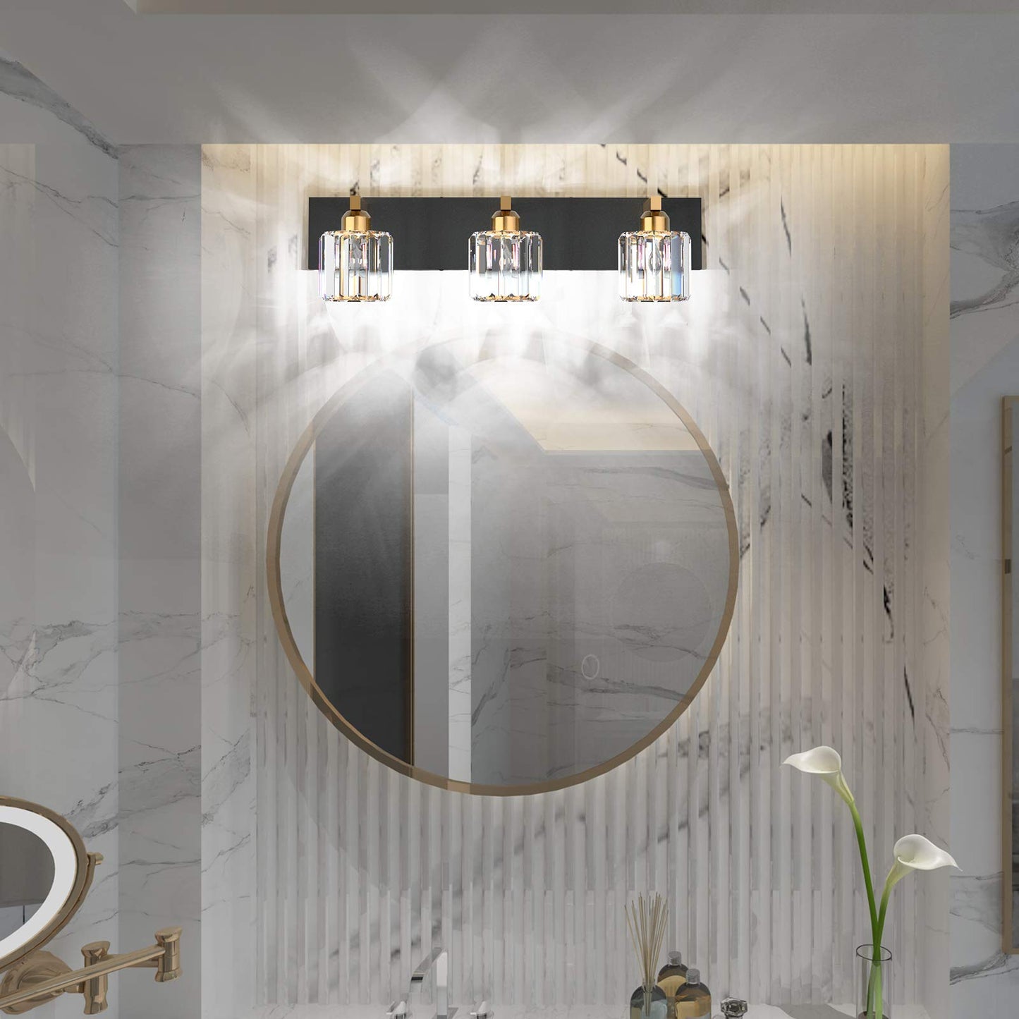 Aipsun Crystal Vanity Light Black Bathroom Vanity Lighting Fixtures 3 Lights Modern Vanity Light For Bathroom (Exclude Bulb)