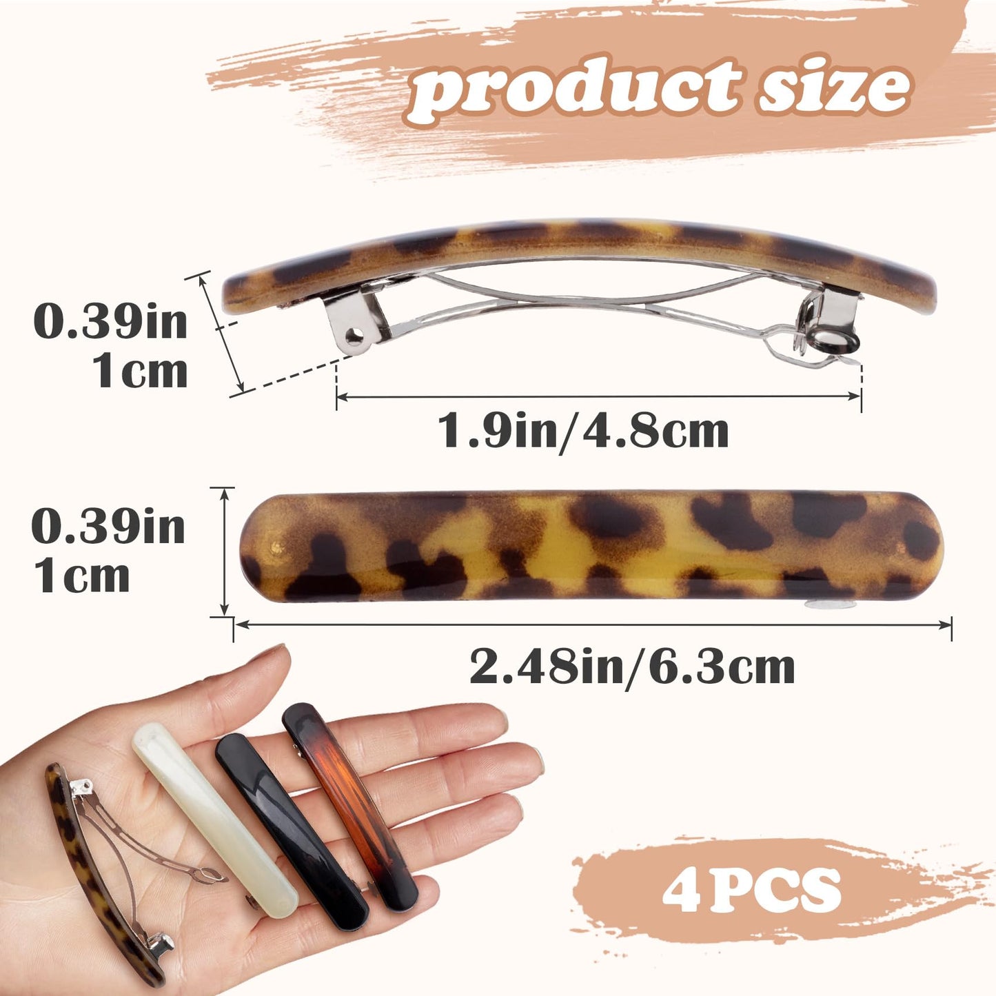 STSTR 4PCS French Barrette Hair Clips for Women, 2.48 Inch Small Tortoise Shell Hair Clip, Curved Glossy Thin Hair Flat Hair Acc