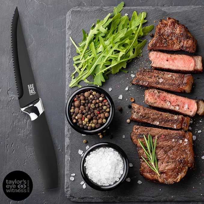 Steak Knives Set of 4 - Brooklyn by Taylors Eye Witness. Serrated black ceramic-coated blade with chrome-plated bolster. Corrosion-Free, Easy Clean Ceramic Coating. Soft Grip Handle. 2 Year Guarantee