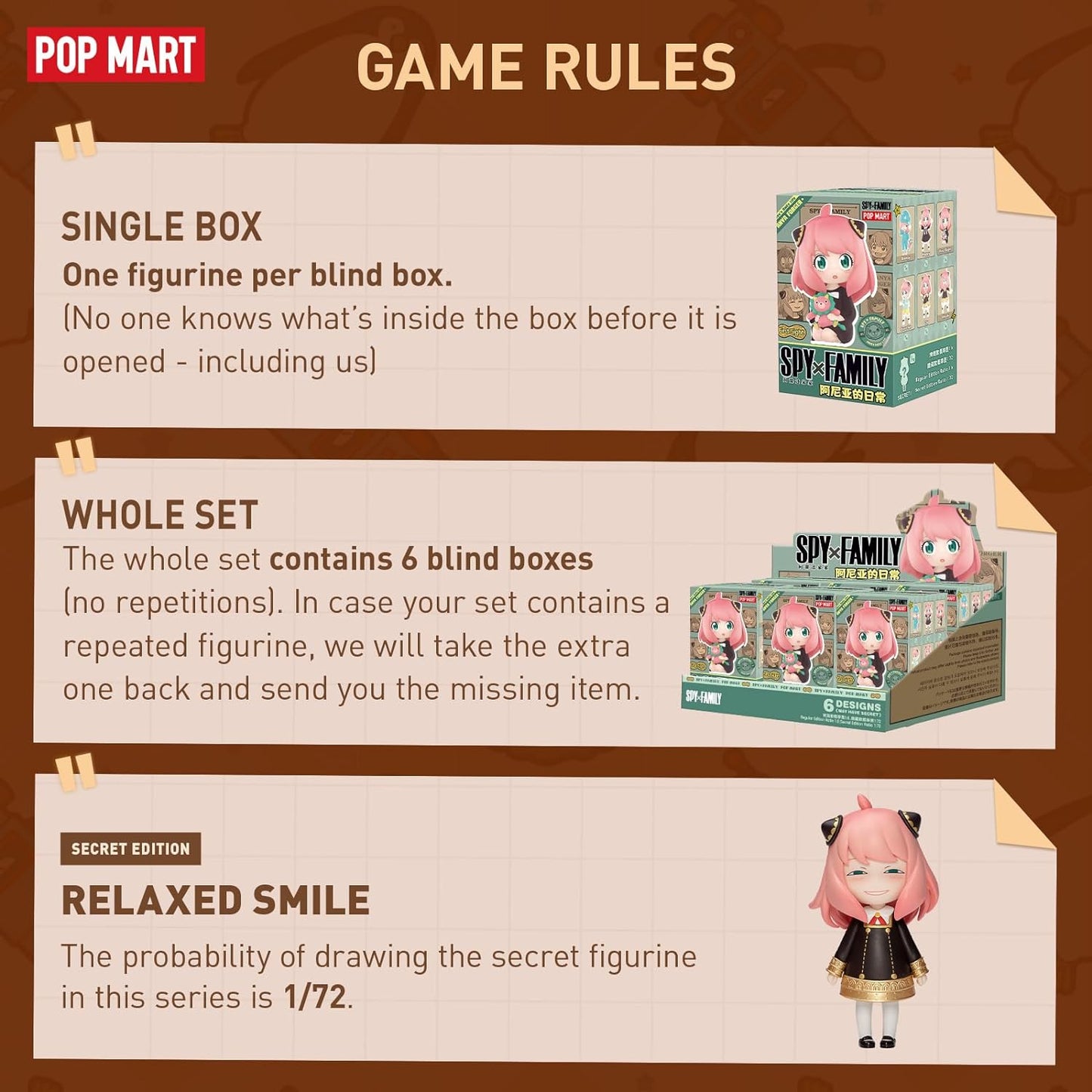 POP MART Spy × Family Anya's Daily Life Series Figures, Spy Blind Box Figures, Random Design Action Figures Collectible Toys Home Decorations, Holiday Birthday Gifts for Boys and Girls, Single Box