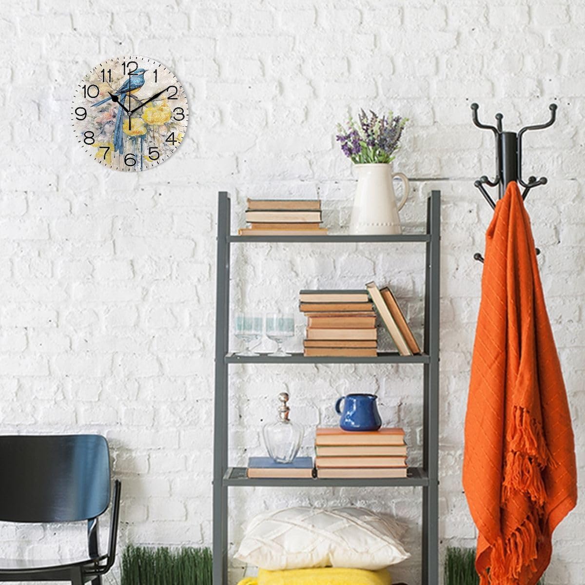 Spring Blue Bird with Yellow Flowers Butterflies Wall Clock Battery Operated Non Ticking Silent Quartz Analog Rustic Farmhouse Round Clock Retro Decor for Home Kitchen Living Room Bathroom