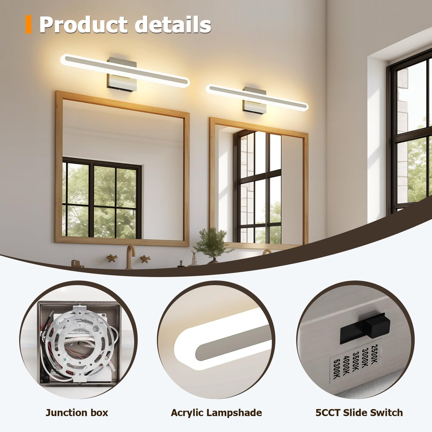 Joosenhouse Brushed Nickel Vanity Lights For Bathroom  5Cct Dimmable Vanity Light Bar  Above Mirror Makeup Mirror Light  Modern Bathroom Lighting Fixtures 23.6 Inch 20W