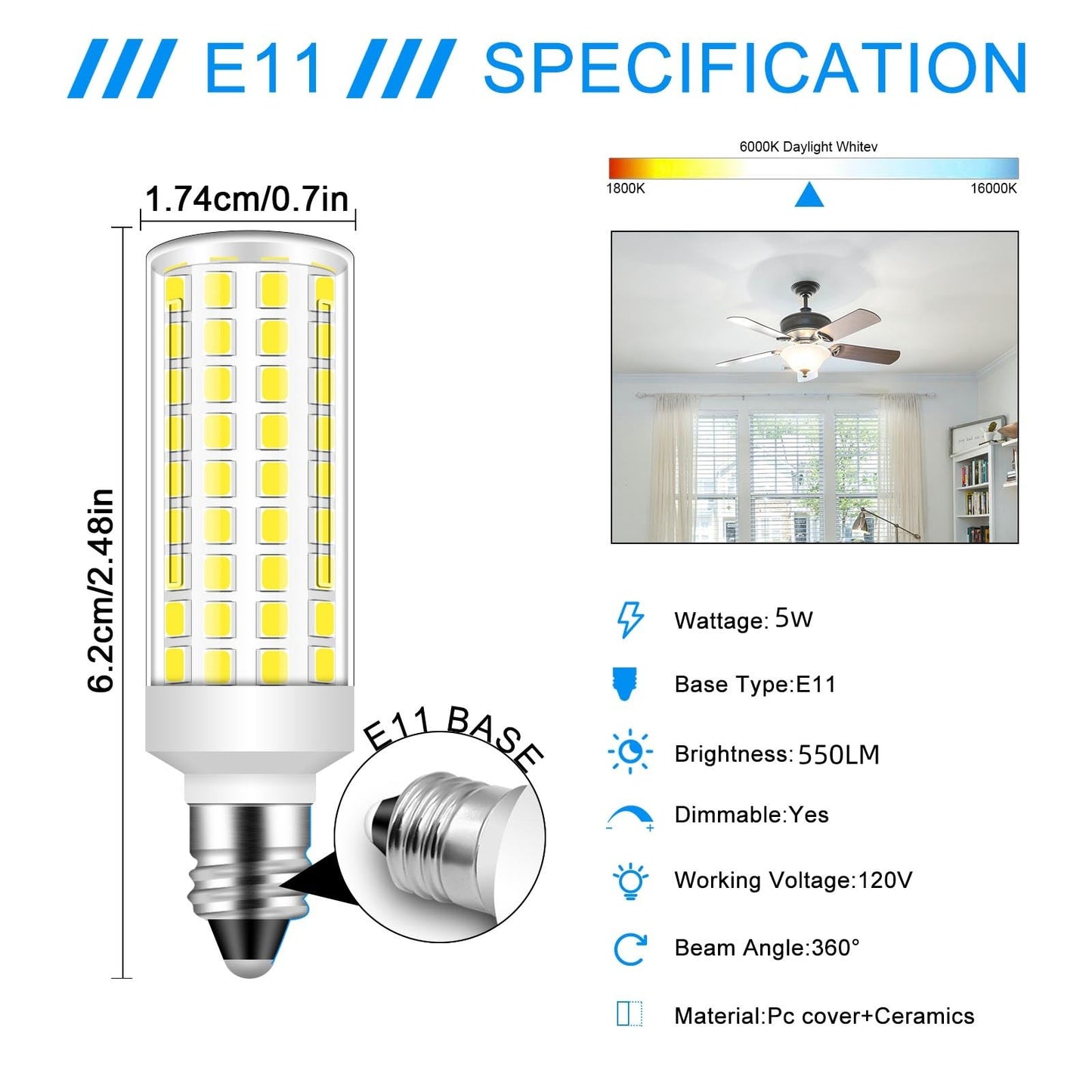 Megereet Jde11 120V 50W Halogen Candelabra Bulb Equivalent E11 Led Bulbs Dimmable 5W 550Lm No-Flicker T3 T4 Mini Base 6000K Daylight White E11 Bulb For Ceiling Fan  Cabinet Lighting 4Pcs