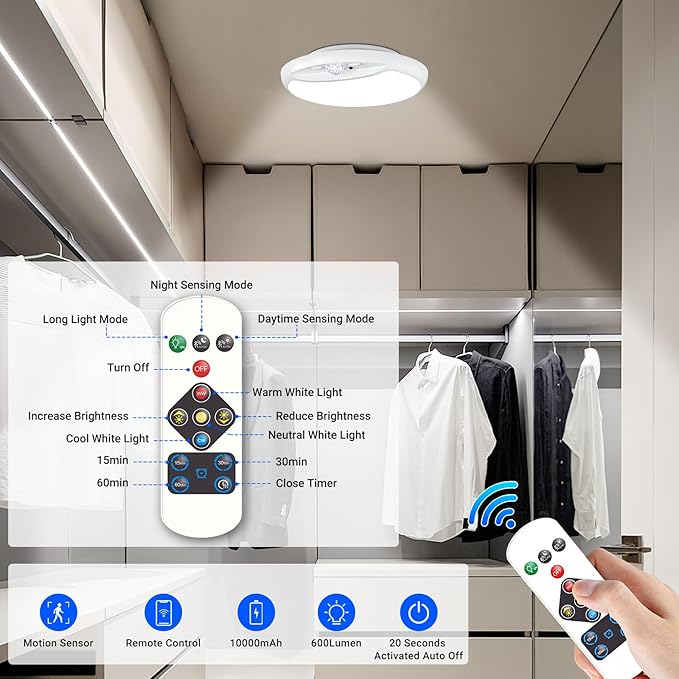 Rechargeable Motion Sensor Ceiling Light with Remote,Battery Powered Wireless Shower Lights,7.5in 600LM,10000mAh Battery Operated Ceiling Closet Light for Kitchen, Closet, Bathroom, Hallway