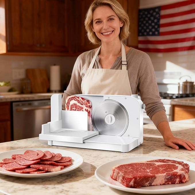 Foldable Meat Slicer, 150W Electric Meat Slicer with 6.7" Removable Stainless Steel Blade & Tray | 0-15mm Adjustable Thickness | Dual Safety Lock, Food Slicer for Frozen Meat Jerky