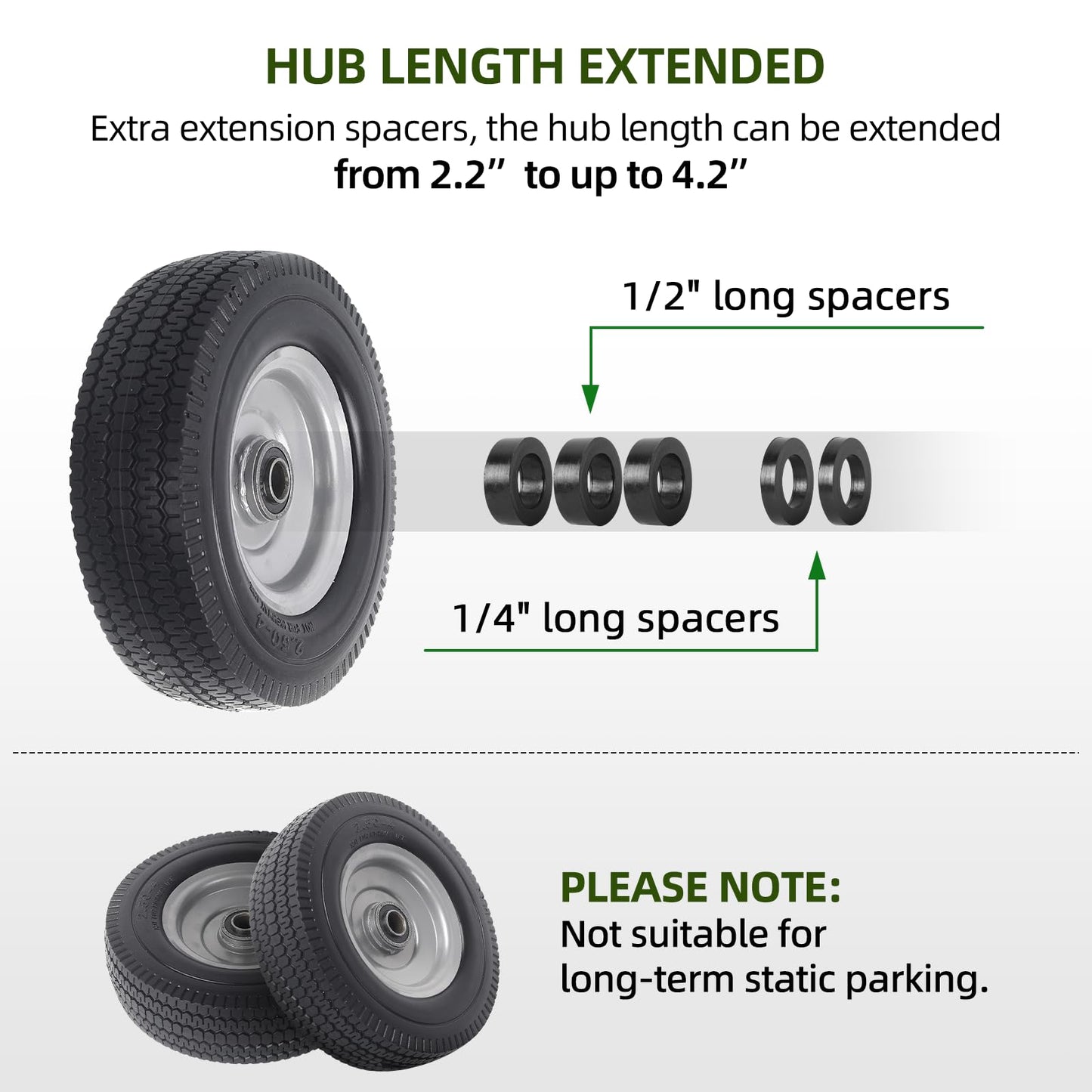 AR-PRO (2-Pack) 8-Inch Solid Wheel Replacement - 2.50-4" Flat Free Tire and Wheel with 5/8 extra 3/4 Bearings and 2.2" Offset Hub - Compatible with Hand Truck, Generator, Gorilla Carts
