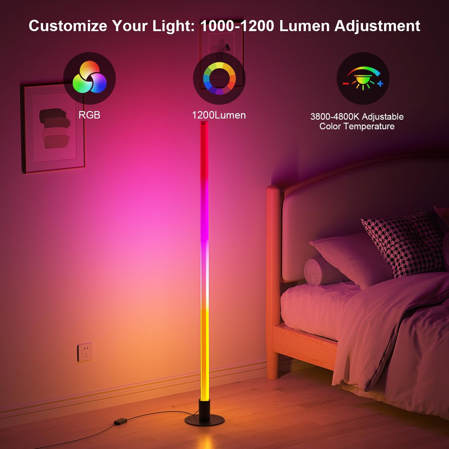 Carry360 Corner Floor Lamp - Smart RGB LED Light, 1200 Lumen, APP & Remote Control, Music Sync, Foldable, Model FL-01