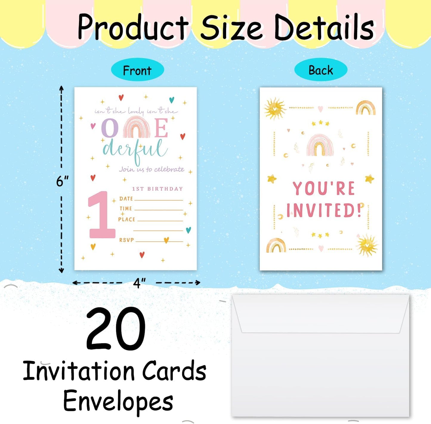 1st Birthday Invitations, Rainbow Party Invitations, 20 Double-Sided Fill In Invitation with Envelopes for Boys Girls, Invitations Cards for Birthday Party Decorations Favor - 10
