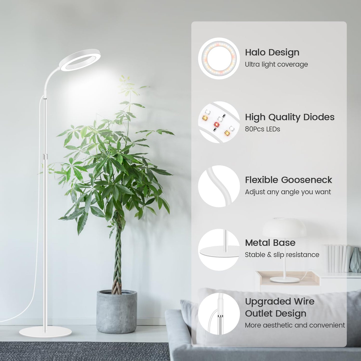 Garpsen Grow Light, Full Spectrum LED Plant Lamp, 67in  Adjustable Height, 3 Color Modes, 5 Dimmable Levels, White, Model BL-B20B-White
